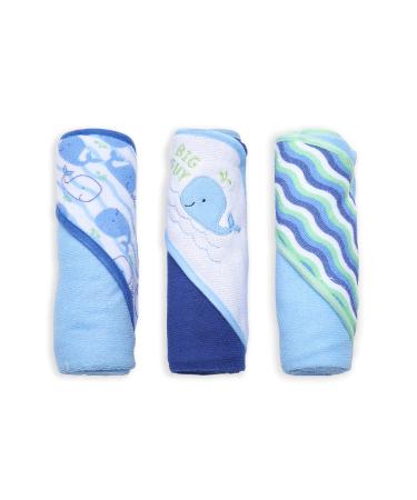 Buttons & Stitches Boy's 3-Pack Blue Whale Hooded Baby Towels, 26x30 Inches