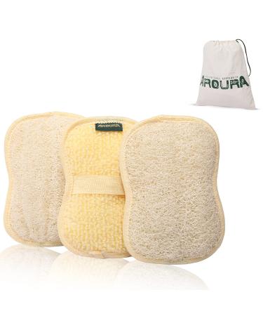 Aroura Egyptian Natural Loofah Pads- Natural Lofa Sponges with Flexible Fibers and Cotton Handle That Cleans and Makes Your Skin Glow - Pack of 3 Natural Loofah Sponge for Your Family