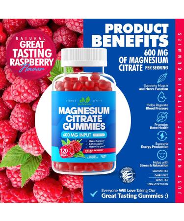 Magnesium Citrate 600mg Gummies (120 Count) - Maximum Strength Supports Calm Bone Heart & Nerve Health - Gluten-Free Non-GMO Vegetarian Great Tasting Raspberry Flavor - 60 Servings - Buy Online on GoSupps.com