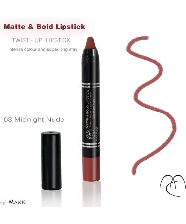  Makki Makki Midnight Nude bold matte lipstick with a twist - Intense color - Velvet finish - Up to 18-hour wear - Smudge-proof - Feather-free - Smooth and glides on - Contains crushed pigments - Buy Online on GoSupps.com
