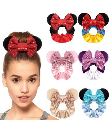 MiDoDo 6 pieces hair ties with mouse ears velvet elastic with sequins hair tie for women girls