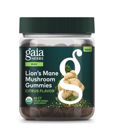 Gaia Herbs Lion's Mane Mushroom - Natural Brain Support Supplement - Made with Organic Lion's Mane Mushrooms - Free from Gluten Soy & Dairy - 60 Vegan Gummies (30 Servings)