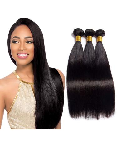 Straight Hair Bundles Human Hair Weave 12 12 12 Inch 100% Unprocessed Virgin Brazilian Human Hair Bundles Real Human Hair Extensions Natural Black Color 12 Inch (Pack of 3)