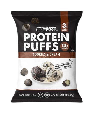 Shrewd Food Protein Puffs - Sweet and Crispy Dessert Puffs Low Carb High Protein Cereal Snack Soy Free Peanut Free Tree Nut Free Gluten Free 12g of Protein - Cookies & Cream 0.74 Oz (Pack of 8)