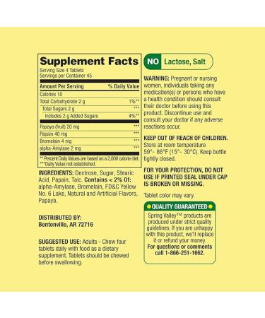 Spring Valley Papaya Enzyme Complex Chewable Tablets 180 Count - Digestion Support & Nutrient Absorption | Luall Sticker Included - Buy Online on GoSupps.com