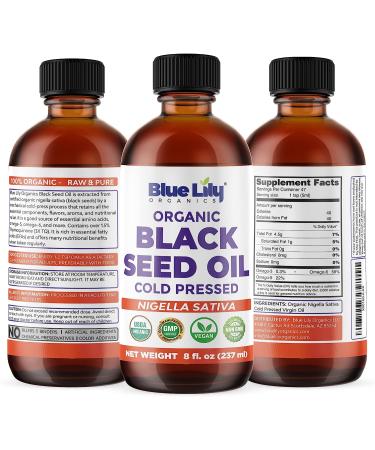 Blue Lily Organics Organic Black Seed Oil 8 oz - USDA Certified, Cold Pressed from Nigella Sativa - Omega 3 6 9 Super Antioxidant for Immune Support, Digestion, Hair & Skin - Vegan, Non-GMO - Buy Online on GoSupps.com