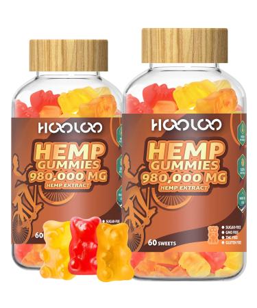 HOOLOO Hemp Gummies Fruity, 980,000 Sugar Free Hemp Gummy Bears Infused Hemp Oil, Relief, Relaxation, Made in USA tropical fruit pineapple, peach, orange 60 Count (Pack of 2)