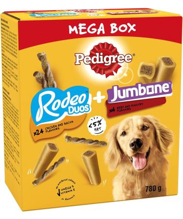 Pedigree Multipack with 24 Rodeo Duos Chicken and Bacon Flavour and 4 Jumbone Beef and Poultry Flavour Dog Treat Snacks Mega Box - Buy Online on GoSupps.com