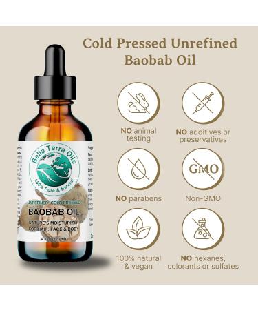 Bella Terra Oils - Baobab Oil 4 oz - Dive into The Essence of African Treasure Abundant in Antioxidants Best for Achieving a Silky Skin Glow 4 Fl Oz (Pack of 1) - Buy Online on GoSupps.com