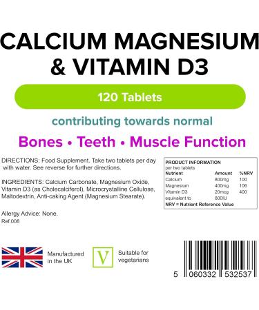 Lindens - Calcium Magnesium & Vitamin D - 120 Tablets - UK Made - Contributes to Normal Bone Teeth Muscle & Immune Function Reduce Tiredness & Fatigue - Letterbox Friendly - Buy Online on GoSupps.com