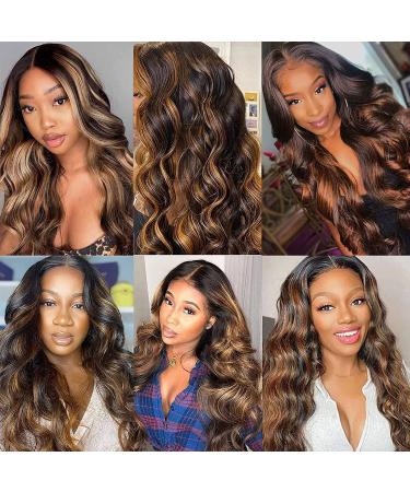 Haha Brown Highlight Lace Front Wig 4x4 Human Hair Body Wave Ombre Closure Wig 14 150% Density Honey Blonde Highlight - Buy Online on GoSupps.com