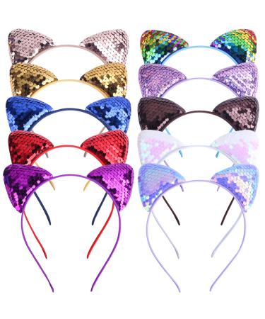 ZOCONE Cat Ears Hair Accessories 10 Pieces Glitter Cat Ears Headband Hair Band with Ears Headband Cat Ears for Women and Girls Party and Everyday Decoration