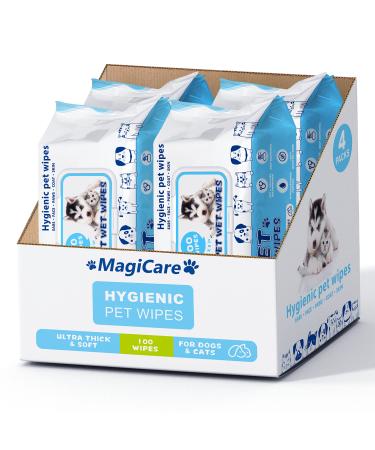 MAGICARE Pet Wipes  Dog Wipes  8x8 Inch Unscented Dog Paw Cleaner Wipes for Body, Face & Skin  Ultra Thick & Soft  Ideal Pet Wipes for Dogs & Cats 4 Packs (400 pcs)