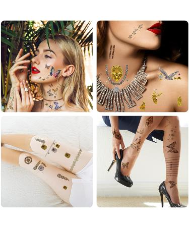 Gold Temporary Tattoos - 10 Sheets, 100+ Designs for Women, Metallic Face Glitter Stickers, Waterproof, Realistic and Long-Lasting - Buy Online on GoSupps.com