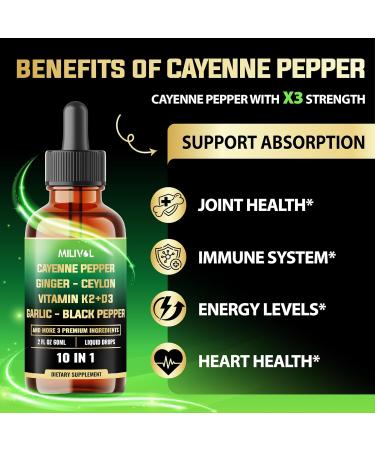 10in1 Cayenne Pepper Liquid Drops + Ginger, Ceylon Cinnamon, Vitamin D3, Vitamin K2, Garlic, Black Pepper and More - Digestion Support - 2 Fl Oz - 2 Months Supply 2 Fl Oz (Pack of 1) - Buy Online on GoSupps.com