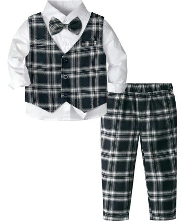 mintgreen Baby Boys Gentleman Suit Set Long Sleeve Shirt with Bowtie + Waistcoat + Pants Size: 1-4 Years Navy Plaid 12-18 Months
