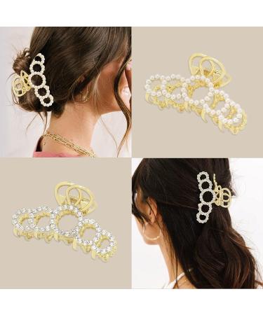 B.PHNE 2Pc Metal Rhinestone Hair Claw Clips - Large Gold Hair Claws with Pearl Detailing for Women - Buy Online on GoSupps.com