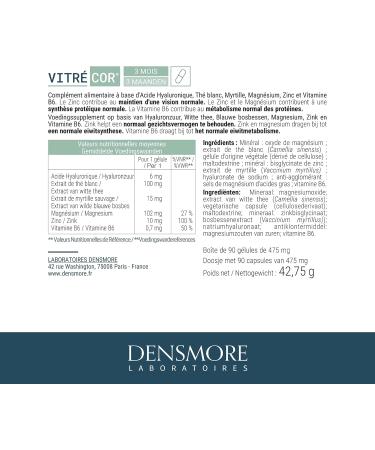 Densmore - Vitr cor - Vision Food Supplement - Improves Visual Comfort and Helps Maintain Vision - Zinc Magnesium Vitamin B6-90 capsules - 3 month cure - Made in Europe - Buy Online on GoSupps.com