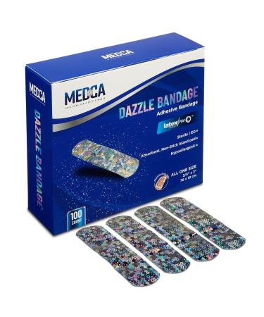 Glitter Bandages for Kids -(100 Count Box) Adhesive Bandage Strips w/Colorful Glitter Design & Latex-Free Flex Fabric Band Individually Wrapped Strips for First Aid, Wound Care, Minor Cuts, Scrapes
