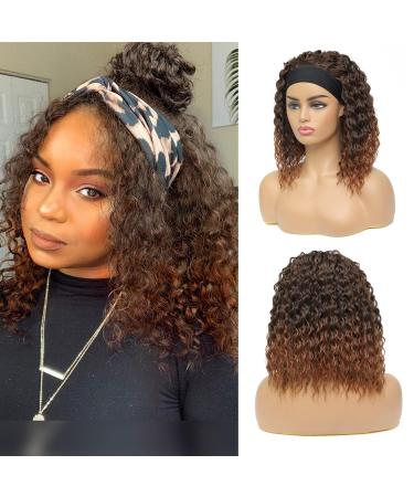  Headband Wig Curly Wigs Short Bob Headband Wigs for Black Women Ombre Water Wave Headband Wigs with Headbands Attached Glueless Half Wig 180% Density for Daily Use (12 Inch，T30/16) 