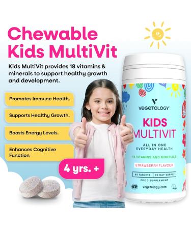 VEGETOLOGY Kids MultiVitamin Supplement, Vegan Chewable Multivitamin for Immune Support, Energy, & Growth, 18 Essential Vitamins & Minerals, Ages 4+ - 60 Tablets, Strawberry - Buy Online on GoSupps.com