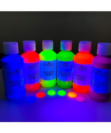Milo Fluorescent Acrylic Paint Set - 6 Neon Colors | 4 oz Bottles | Made in the USA | Non-Toxic Craft Paint for Artists & Kids | UV Reactive | Glow in Black Light - Buy Online on GoSupps.com