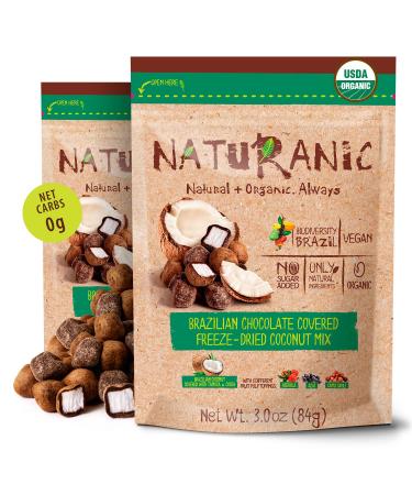 Naturanic Chocolate Covered Coconut Mix Keto Snacks Zero Carb no Sugar -Unbeatable Taste in a Zero Sugar Dark Chocolate - Organic All Natural Vegan Gluten Free Non-GMO - 3.5 oz. Pack of 2 Chocolate &Coconut 2 PACK