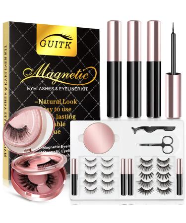 Magnetic Eyelashes, 12 Pairs with Eyeliner Upgraded Natural Look Reusable no Glue Long lasting 3D eye Lashes kit ,with 4 Tubes Magnetic Eyeliner and eyelash case/Tweezers Scissors (Bright black)