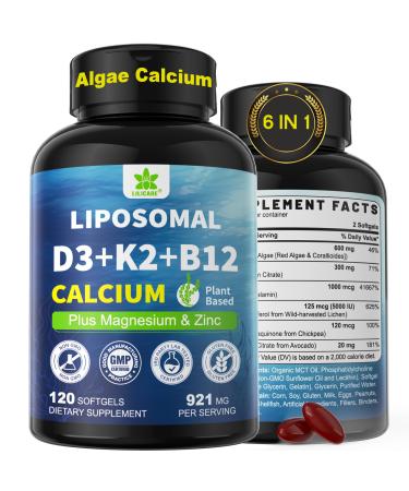 6-in-1 Plant Based Calcium Supplements for Women Men- Calcium 600mg w/ D3 K2 5000 IU Vitamin, Liposomal & Algae Ca-lcium Magnesium Zinc + Vegan Vitamin D 5000 IU + K2 MK7 + Methyl B12 for Bone, 1 Pack 120 Count (Pack of 1)