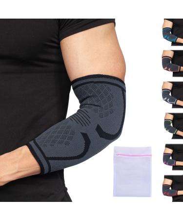 360 RELIEF - Compression Elbow Brace Sleeve for Men and Women Support | Splint Joint Pain Relief Tendonitis Tennis Golf Workout Weightlifting | Medium Black with Mesh Laundry Bag | Black M