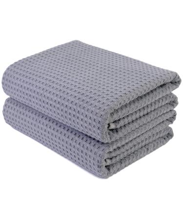 POLYTE Microfiber Oversize Quick Dry Lint Free Bath Towel, 60 x 30 in, Set of 2 (Gray, Waffle Weave)