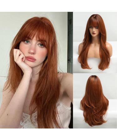 HAIRCUBE Long Auburn Wig with Bangs Layered Curly Orange Wigs for Women Natural Synthetic Wigs for Daily Use (pelucas de cabello natural)