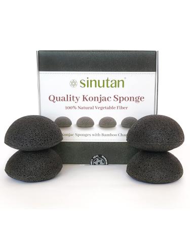 Sinutan | Konjac Face Sponge | 100% Natural Bamboo Activated Charcoal | Konjac Round Sponge for Exfoliation and Deep Pore Cleansing | Face and Body