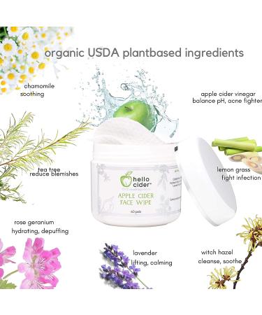 Organic Apple Cider Vinegar Acne Face Toner Pads with Tea Tree, Witch Hazel, Rose & Lavender - Cleanse, Tone, Hydrate, Calm & Soothe - 60 Pads - USA Made by Hello Cider - Buy Online on GoSupps.com