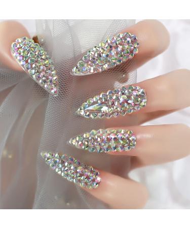 Luxury Full Cover 3D Rhinestone Press on False Nails Super Extra Long Stiletto Fake Nails Manicure Nail Art Tips Set for Wedding Party