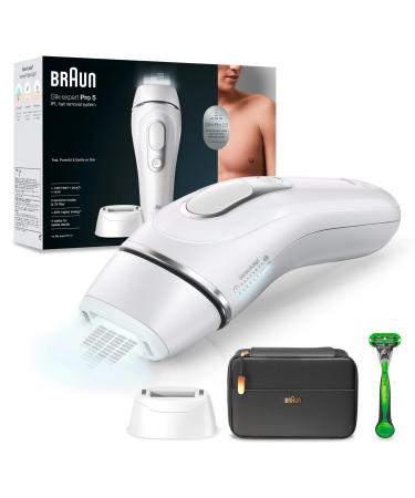 Braun IPL Silk Expert Pro 5 hair removal device men 2 attachments visible hair removal designed in Germany Gillette body razor alternative to laser hair removal PL5145 white/silver PL5145 female/silver