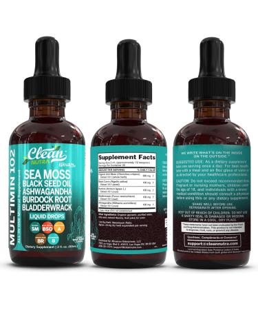 Clean Nutraceuticals Sea Moss Drops Supplement Liquid with Black Seed Oil Ashwagandha Burdock Root & Bladderwrack - Multimineral Organic Non-GMO Vegan for Gut Heath Skin Immune Support Hair (2) - Buy Online on GoSupps.com