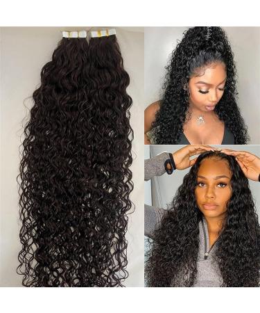 Tape in Human Hair Extensions Water Wave Brazilian Loose Wave Skin Weft Dark Brown Curly Tape in Hair Full Head(8inch 40pieces) 8inch 40pieces Natural Color - Buy Online on GoSupps.com