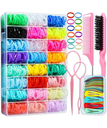 Hair Ties HNYYZL Rubber Bands for Hair 24 Colors 2000PCS with Organizer Box Hair Accessories for Girl Toddler Baby Small Elastic Hair Band Colorful Snap Hair Clips Combs Hair Styling Tail Tool