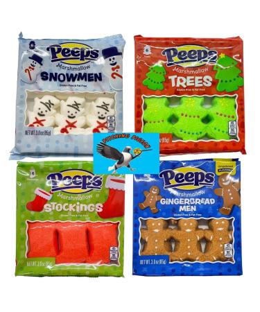 Christmas Peeps Combo Pack - 24 Marshmallow Peeps Total - Christmas Trees Stockings Gingerbread Men Snowmen - Holiday Themed Candy Bundle - Includes PITCHING PIGEON Refrigertor Magnet