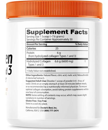 Doctorâ€™s Best Collagen Types 1 & 3 Powder - Peach Flavor, 8.1 oz | Supports Skin & Joint Health - Buy Online on GoSupps.com