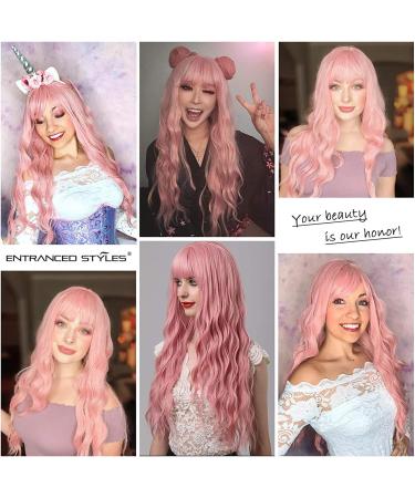 YEESHEDO 28 Inch Long Pink Synthetic Wavy Wig with Fringe for Women - Ideal for Party, Cosplay, or Daily Wear - Buy Online on GoSupps.com