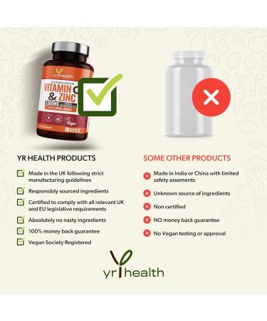 High Strength Vitamin C 1300mg and Zinc 40mg - 120 Vegan Capsules - Made in UK - Immune System Support - Buy Online on GoSupps.com