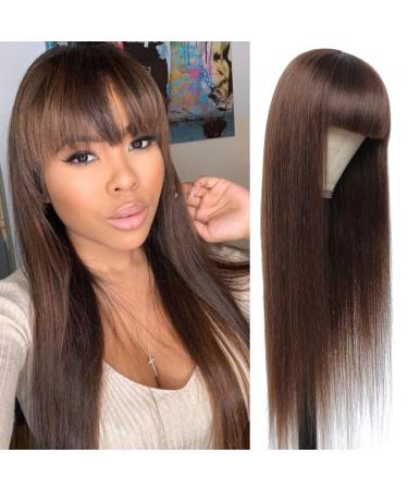 Brown Human Hair Wigs with Bangs for Black Women Brazilian Straight Glueless Non-Lace Wigs (18 Inch, Medium Brown) 18 Inch (Pack of 1) Brown