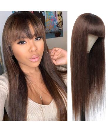 Brown Human Hair Wigs with Bangs for Black Women Brazilian Straight Glueless Non-Lace Wigs (18 Inch, Medium Brown) 18 Inch (Pack of 1) Brown - Buy Online on GoSupps.com