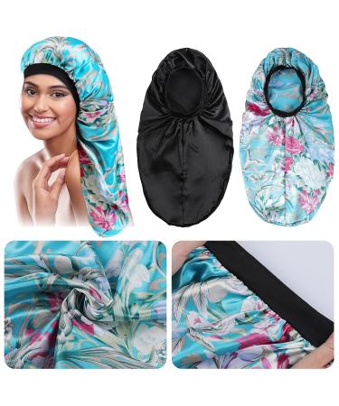 Satin Bonnet Sleep Cap Set for Black Women - 2 Pcs Silk Bonnets for Curly Hair, Braids, Dreadlocks - Soft Elastic Band, Satin Material - Black+Blue Flower Design - Buy Online on GoSupps.com