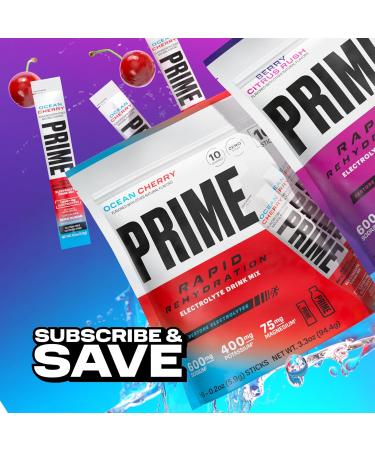 Prime Rapid Rehydration Electrolyte Powder Sticks Ocean Cherry Sugar Free Hydration Drink Mix with Sodium Potassium Magnesium & B Vitamins to Replenish Fluids Caffeine Free 16 Count - Buy Online on GoSupps.com