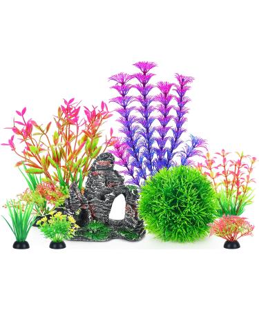 Borlech Aquarium Rock Decorations and Fish Tank Plastic Plants Decor Set 8 Pieces Pink Rock Plants