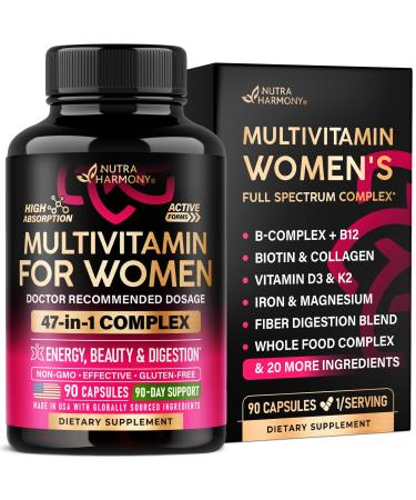 Multivitamin for Women - B-Complex | Whole Foods | Hair Growth Support | Digestion & Metabolism | Iron - 47in1 Womens Multivitamin - Bioavailable & Gentle on Stomach - Made in USA - 90 Capsules