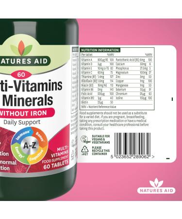 Natures Aid Multi-Vitamins & Minerals 60 Tablets - Vegan One-a-Day Formula for Immune Energy Brain & Bone Health - 60 Count Pack - Made in the UK - Buy Online on GoSupps.com